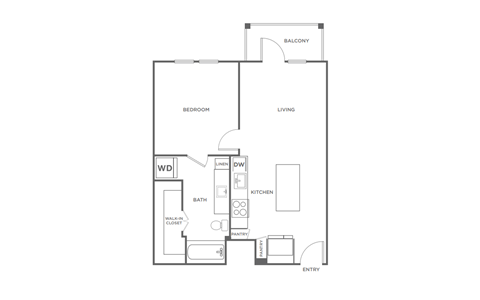 A floor plan of a small apartment with a bedroom, living room, kitchen, and bathroom.